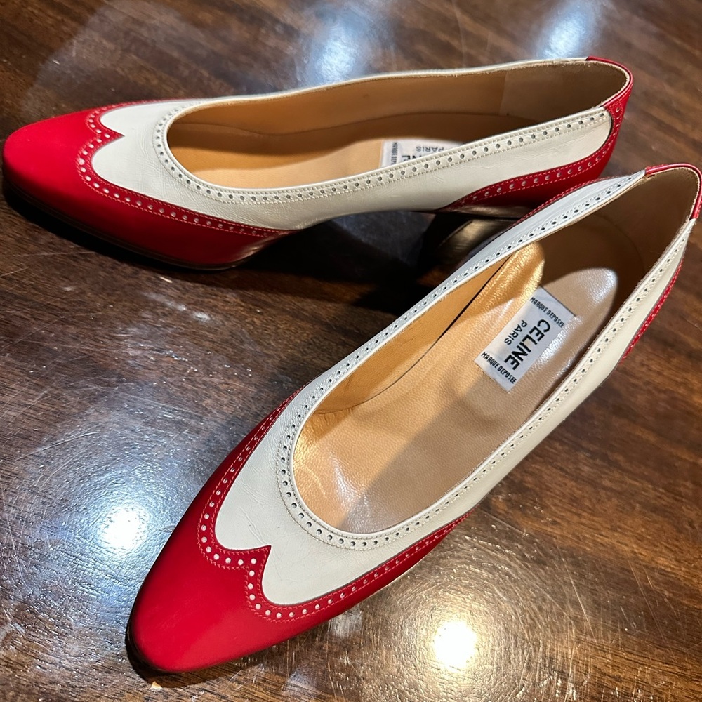Vintage NEVER WORN Celine Paris two tone Oxford style red and white Heels - Picture 6 of 7